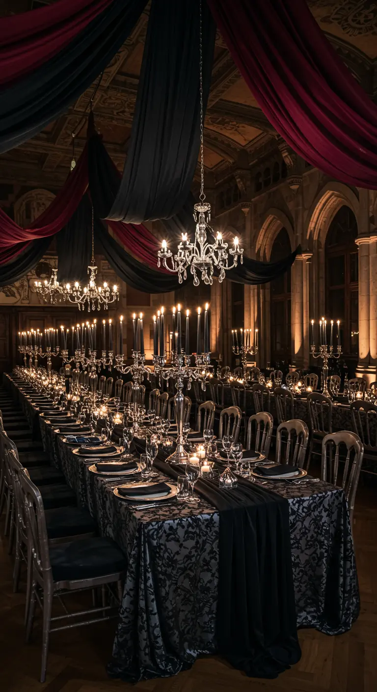 Longue table de banquet avec des chandeliers noirs et des drapés.