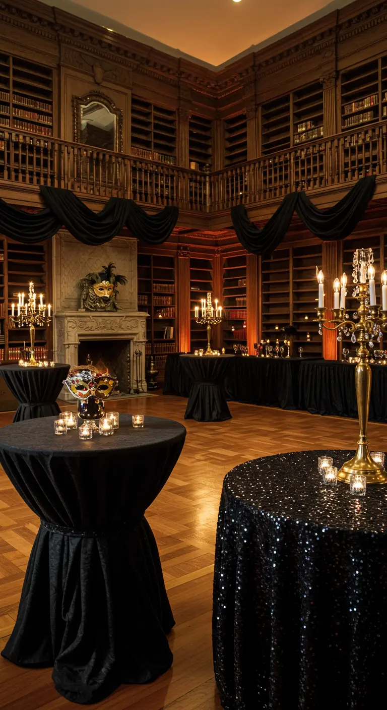 Soirée bal masqué dans une bibliothèque avec drapés noirs, tables hautes et candélabres.