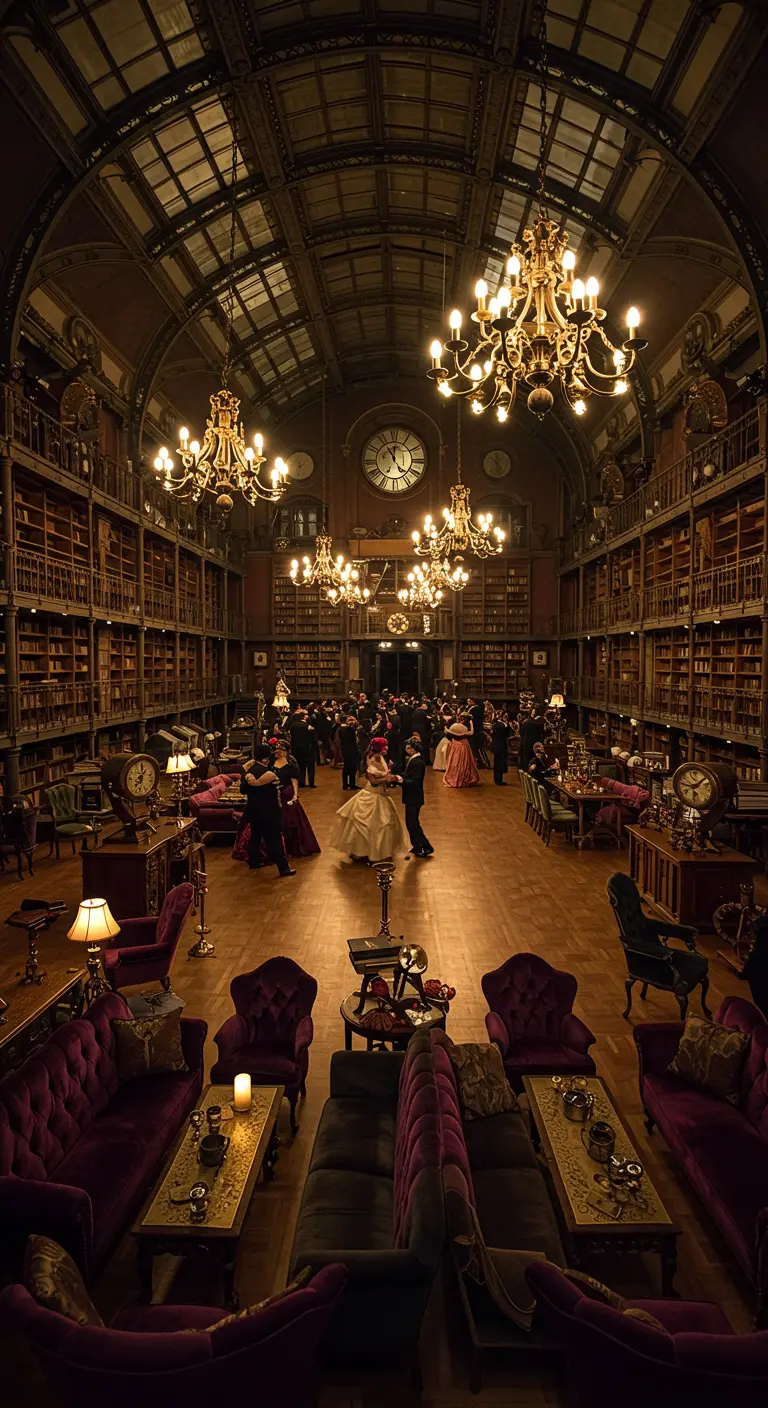 Vaste bibliothèque transformée en salle de bal Steampunk avec lustres, horloges murales et mobilier en velours.