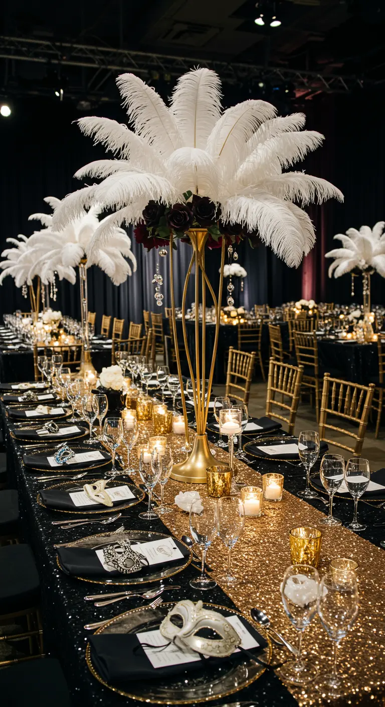 Table de bal masqué avec nappe noire, chemin de table doré, et masques sur les assiettes.