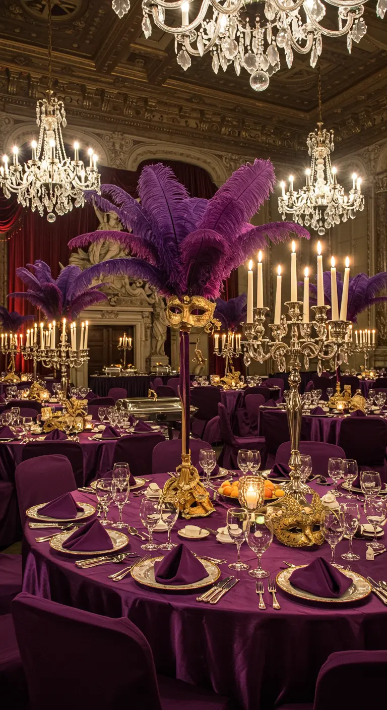 Salle de bal opulente avec nappes et chaises violettes, masques et chandeliers dorés.