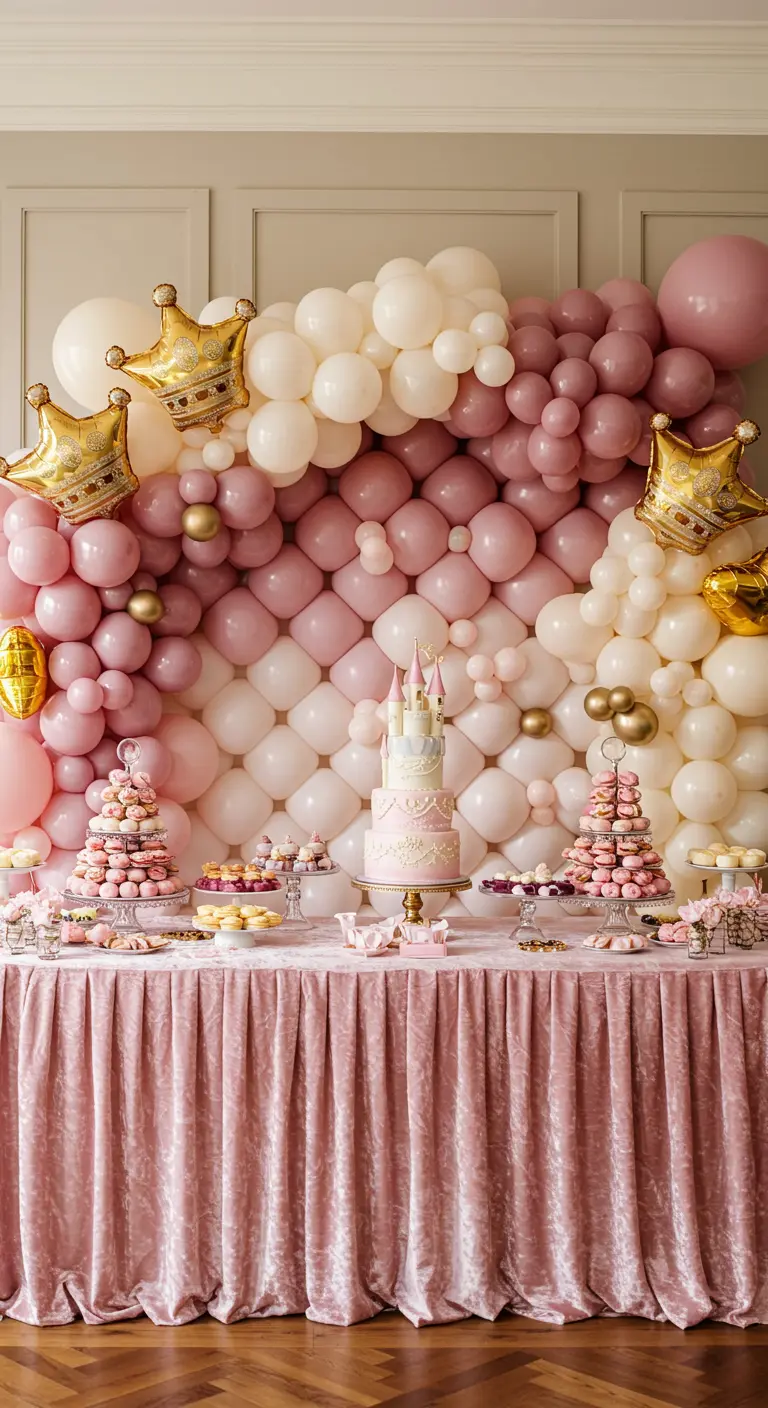 Mur de ballons rose et crème effet matelassé pour une fête de princesse.