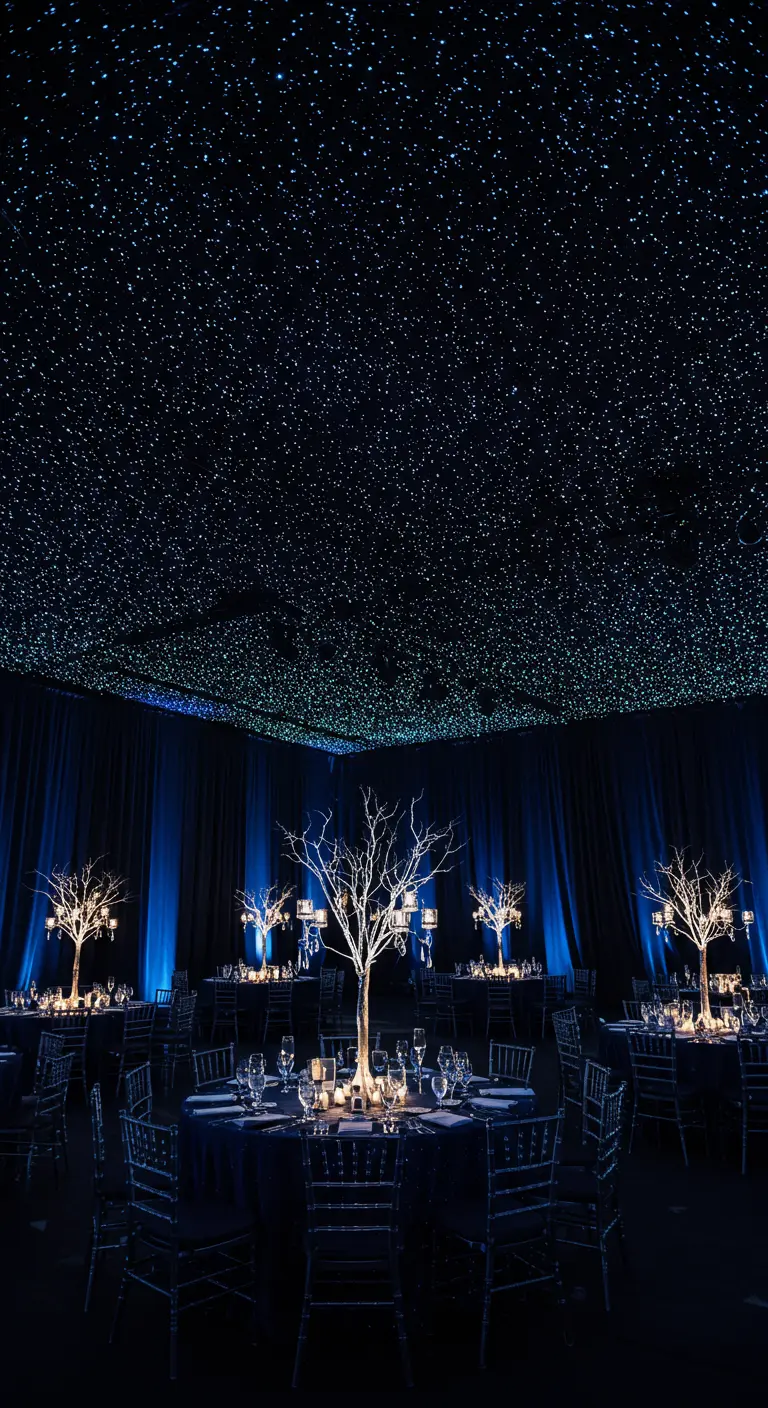 Salle de réception sombre avec un plafond illuminé comme un ciel étoilé.