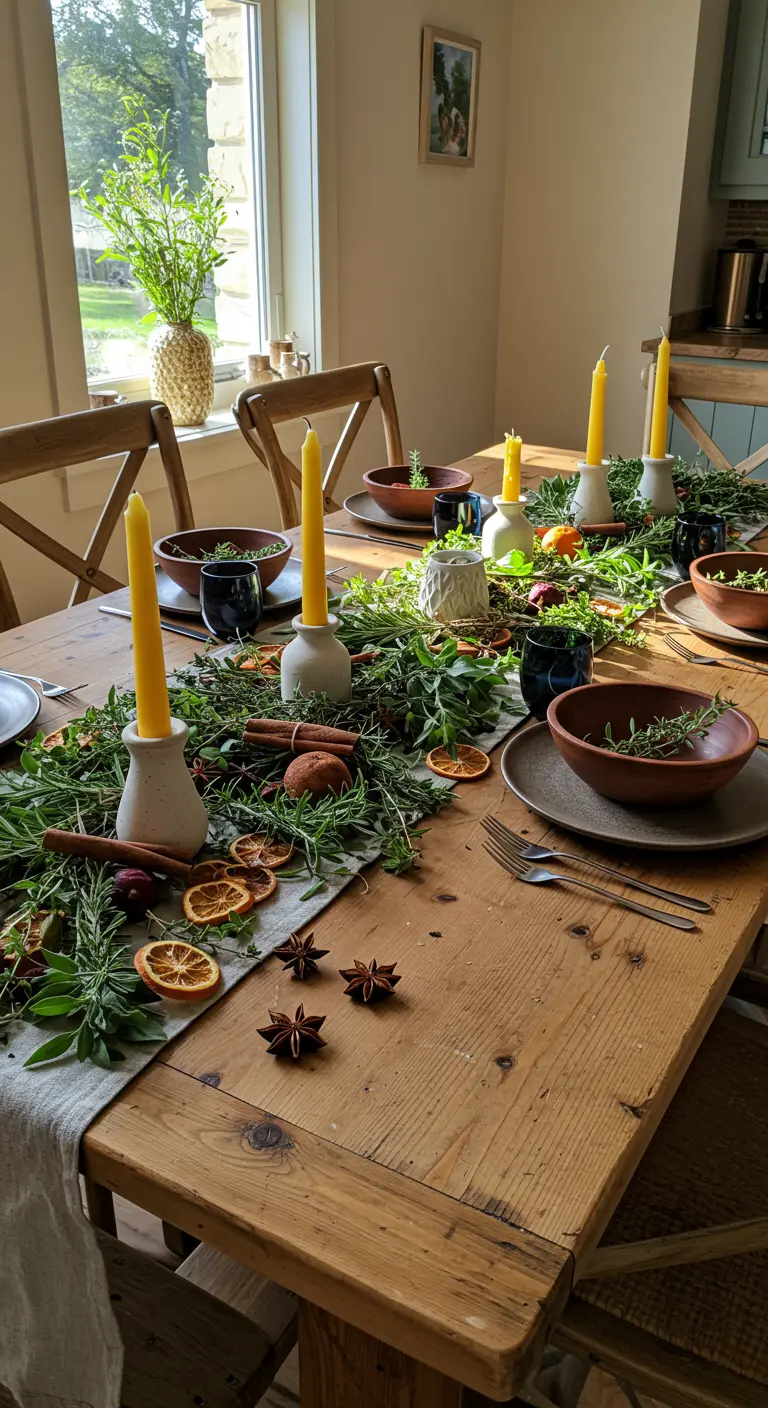 Table en bois rustique avec un chemin de table d'herbes fraîches, bâtons de cannelle, oranges séchées et bougies jaunes.