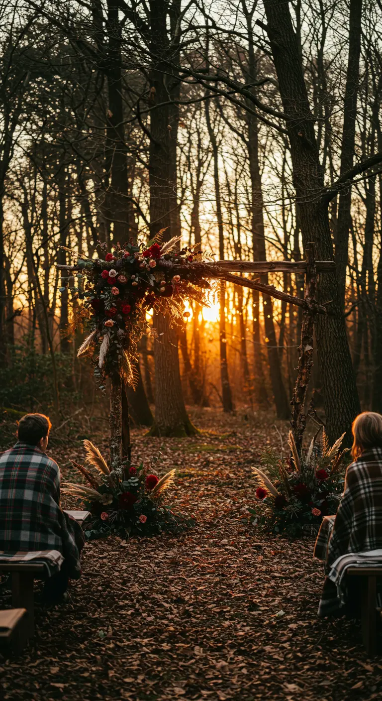 Arche rustique en branches dans une forêt d'automne avec des fleurs rouges.