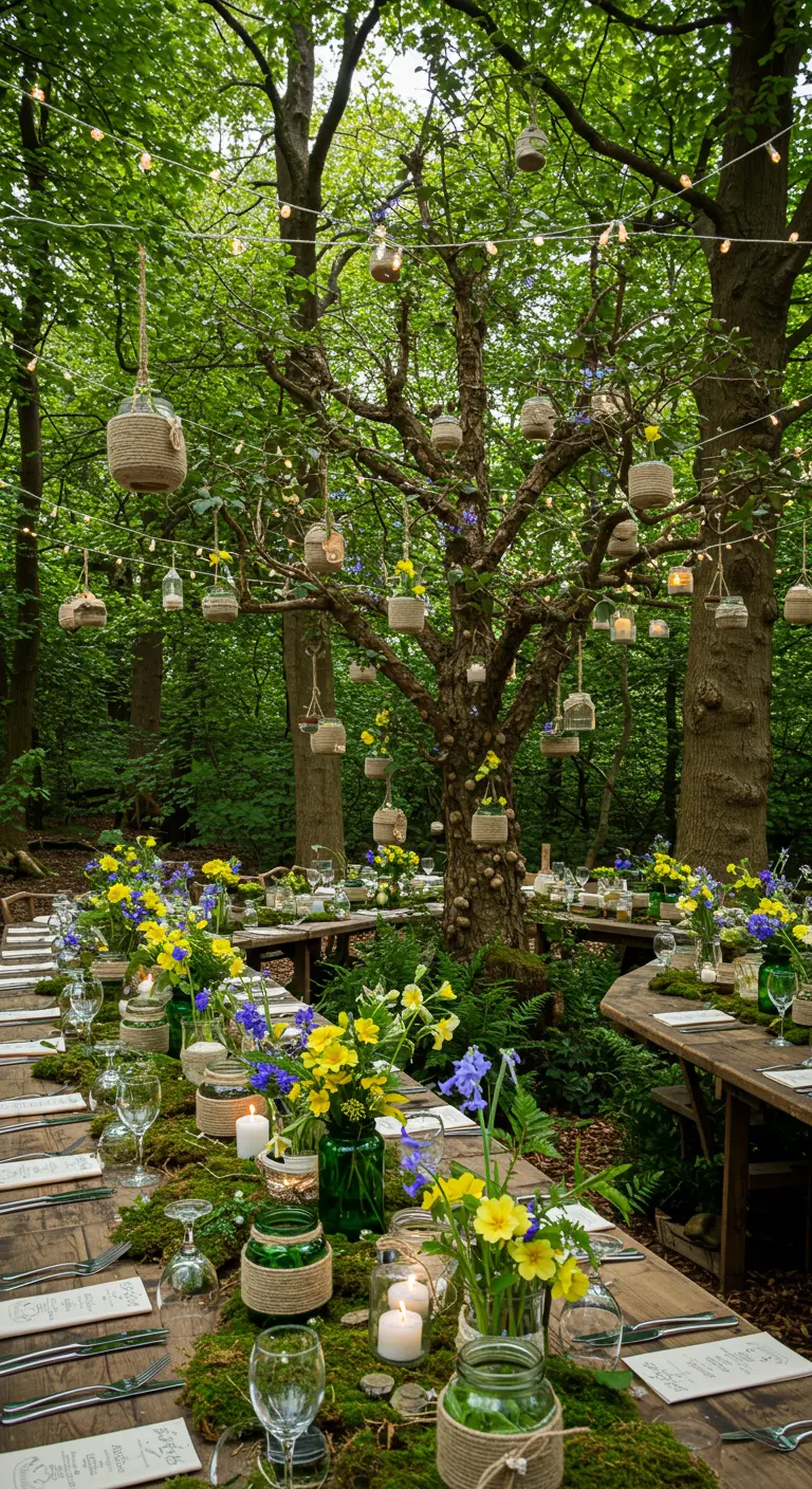 Tables de mariage en forêt, chemins de mousse, bocaux lumineux et fleurs jaunes et bleues.