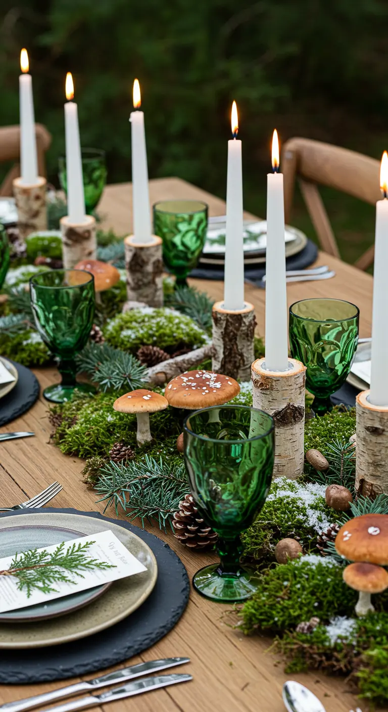 Centre de table forestier avec mousse, champignons et bougeoirs en bouleau.