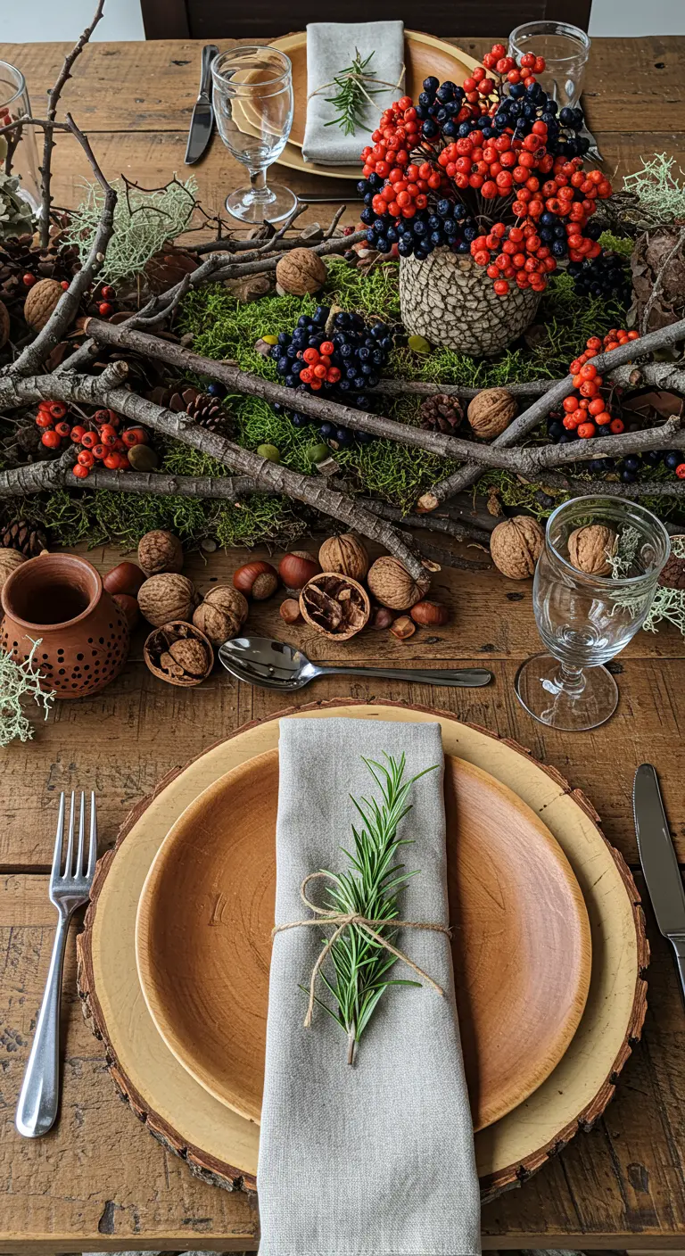 Centre de table composé de branches, de mousse, de noix et de baies rouges et noires.