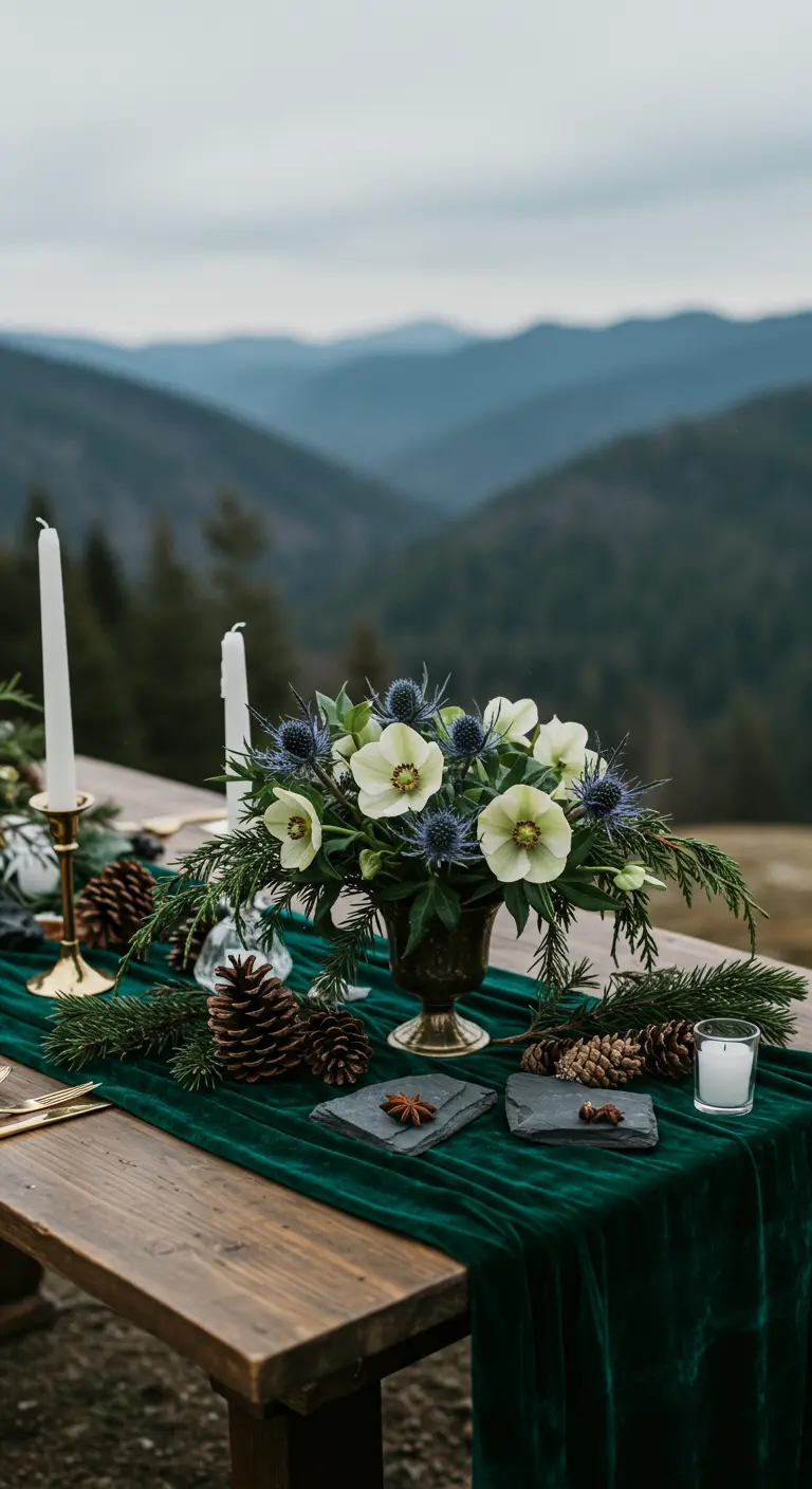Table en bois avec chemin de table en velours vert, fleurs blanches et pommes de pin.