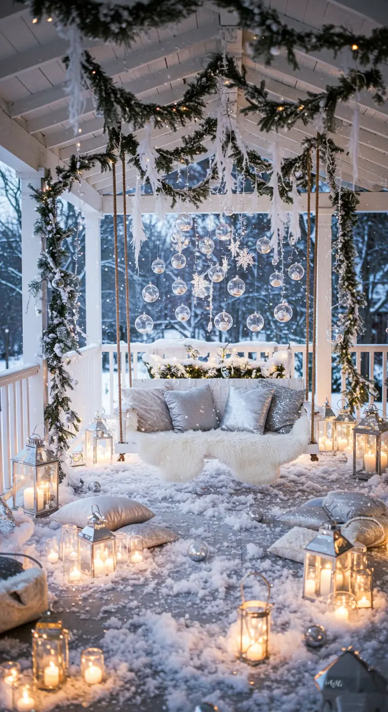 Porche d'hiver avec balançoire, coussins, lanternes et décorations.