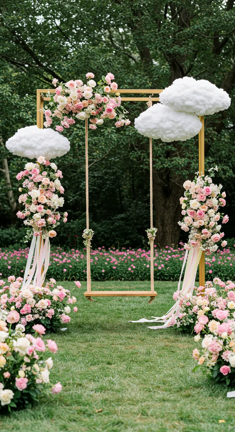 Arche dorée avec une balançoire, décorée de fleurs roses et de nuages artificiels.