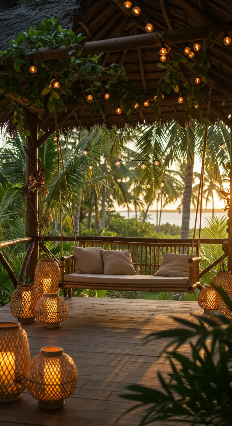 Terrasse couverte tropicale avec une balançoire en bambou et des lanternes