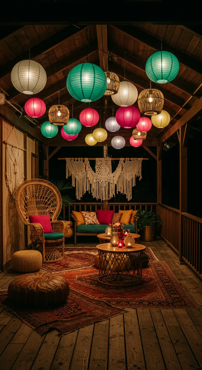 Terrasse en bois décorée de lampions colorés suspendus, avec un mobilier bohème.