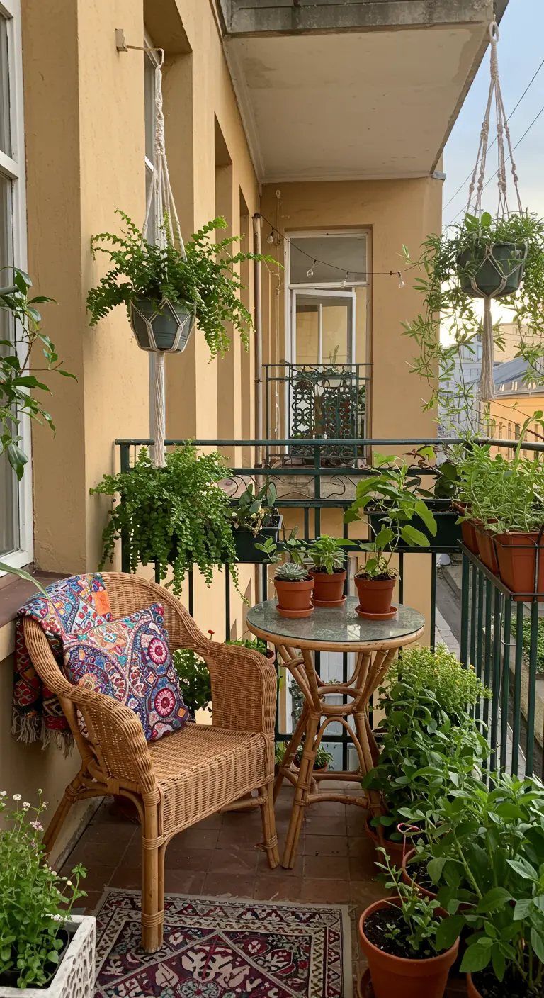 Bistro set en rotin sur un balcon végétalisé, avec fougères suspendues, tapis ethnique et coussins.