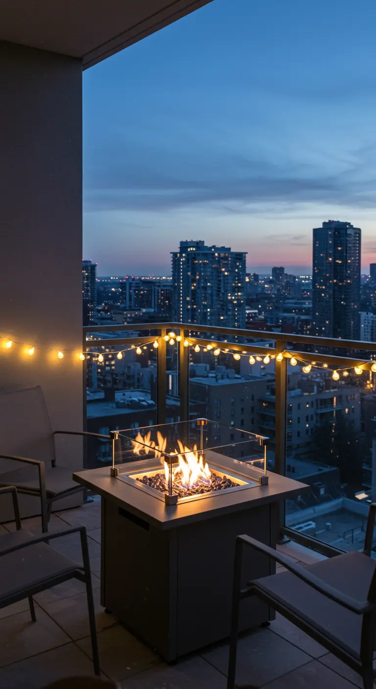Balcon avec table brasero, guirlandes lumineuses et vue sur la ville au crépuscule.