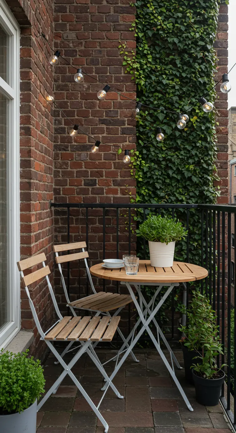 Petit balcon avec table et chaises pliantes en bois et blanc, guirlande lumineuse et lierre.