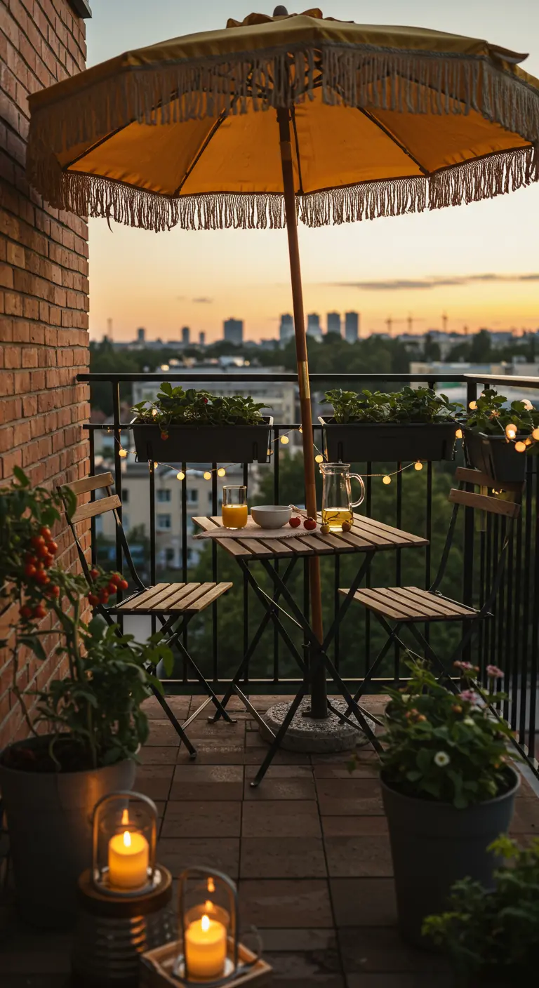 Petit balcon cosy au coucher du soleil avec parasol jaune, plantes en pot et bougies.