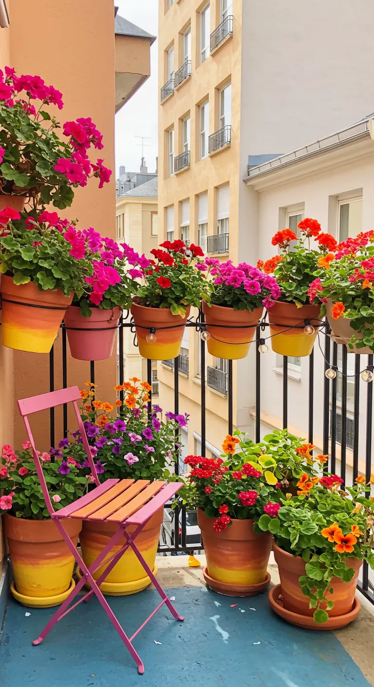 Petit balcon avec des pots en terre cuite peints en jaune et orange, remplis de géraniums et pétunias roses et rouges.