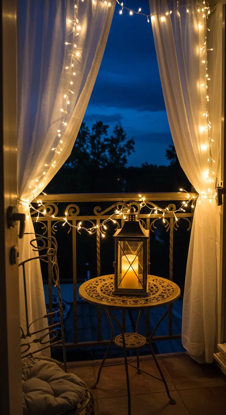 Balcon féerique avec voilages blancs, guirlandes lumineuses, lanterne et table de bistrot.
