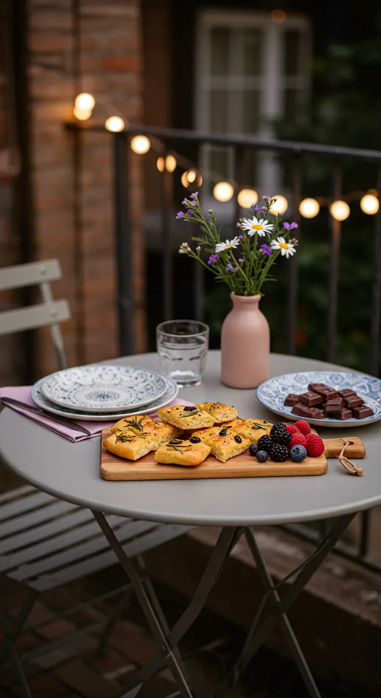 Petit-déjeuner intime sur un balcon avec focaccia, baies fraîches, chocolat et lumières d'ambiance.