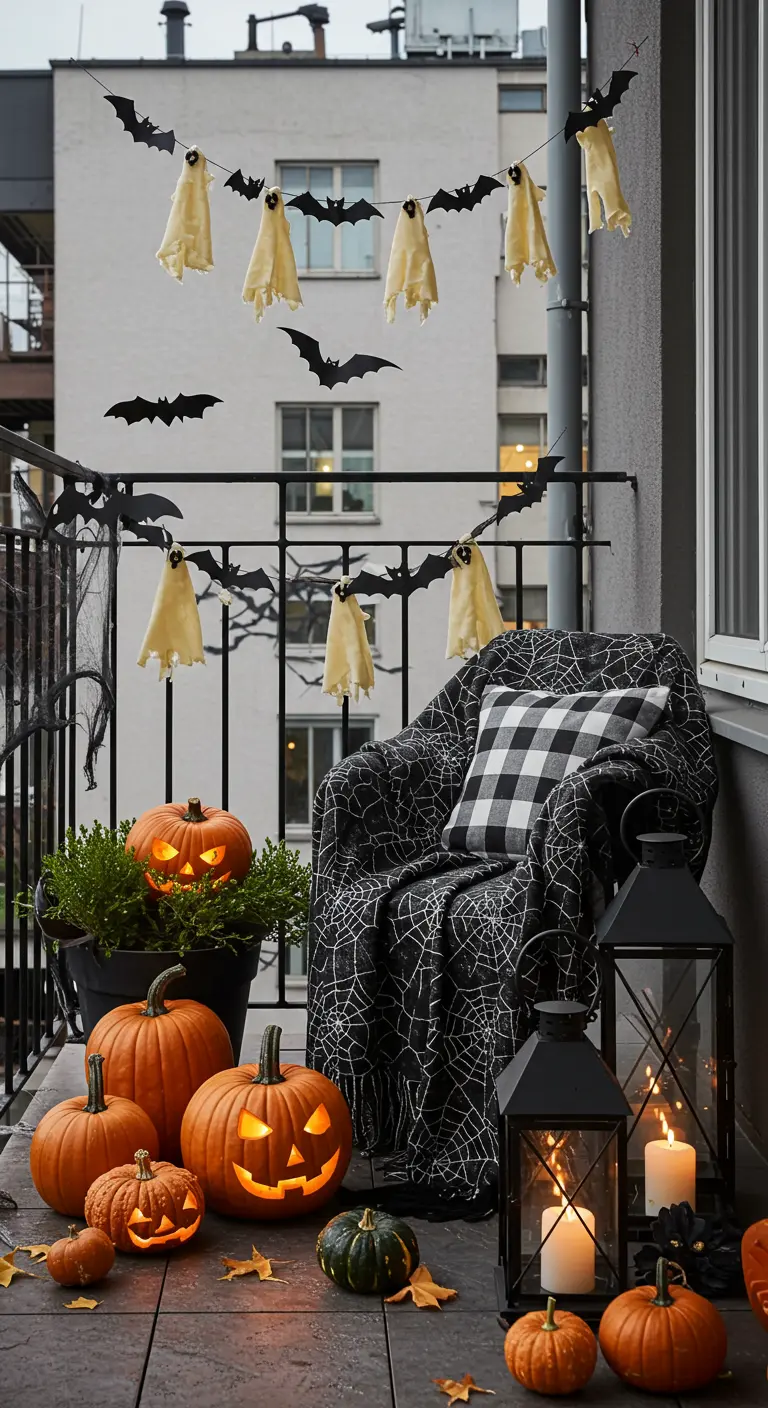 Décoration d'Halloween sur un balcon avec des citrouilles et des fantômes.