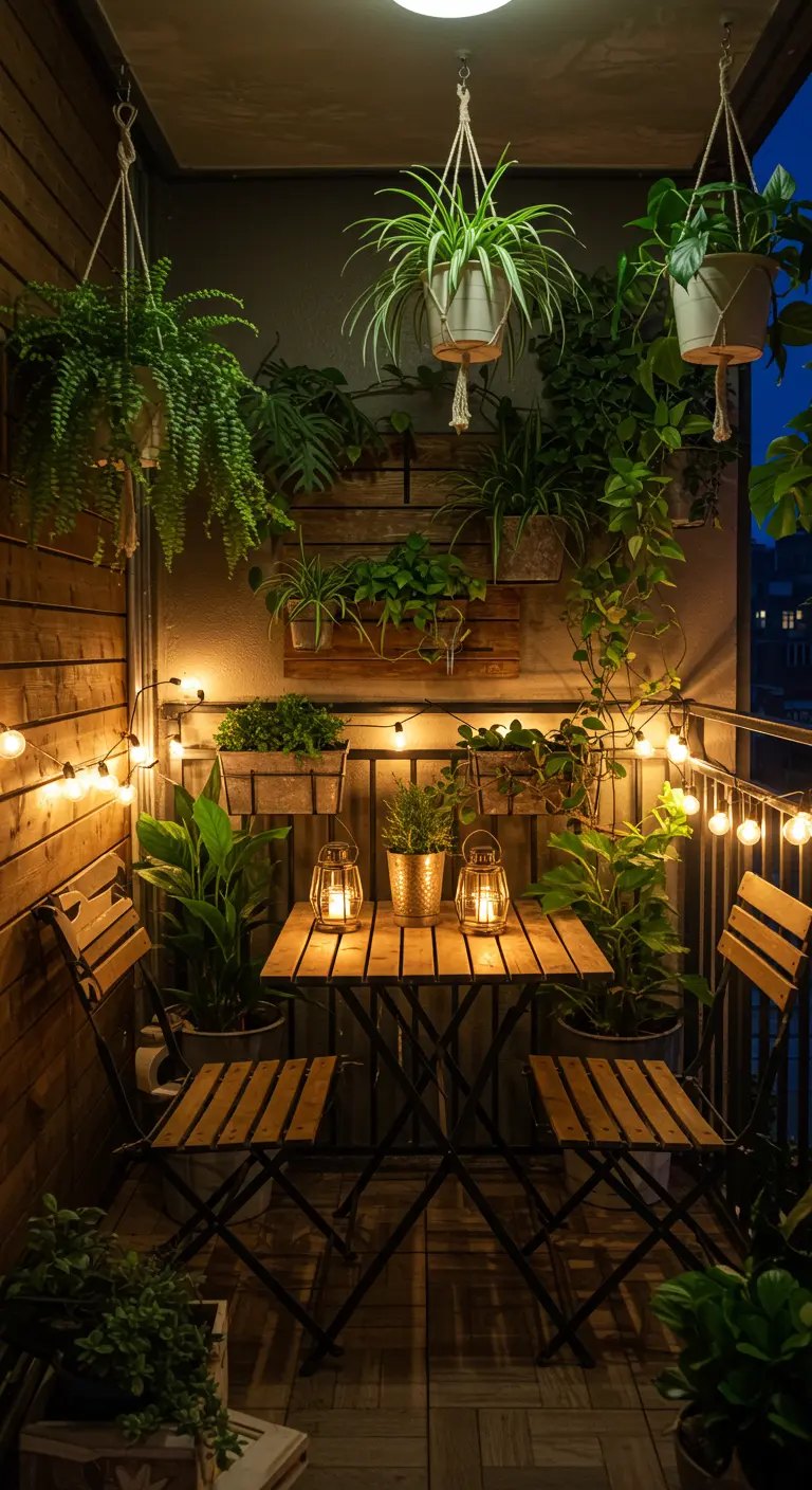 Petit balcon décoré de plantes suspendues et murales, guirlandes lumineuses, petite table et lanternes lumineuses.