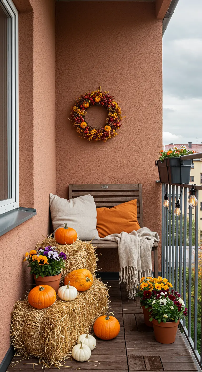 Petit balcon décoré pour l'automne avec bottes de paille, citrouilles, fleurs, banc, coussins et couronne.