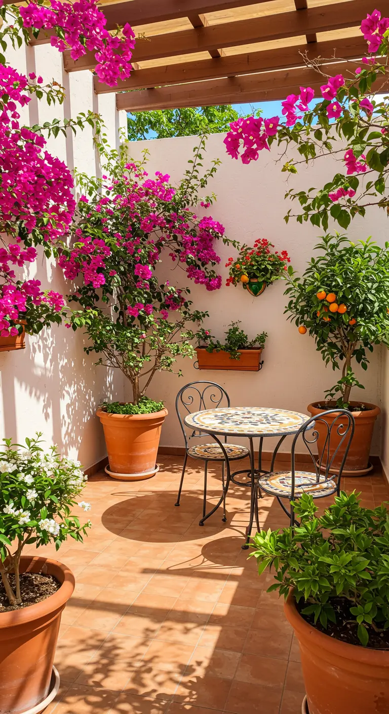 Terrasse méditerranéenne ensoleillée avec bougainvilliers roses, oranger et table en mosaïque.