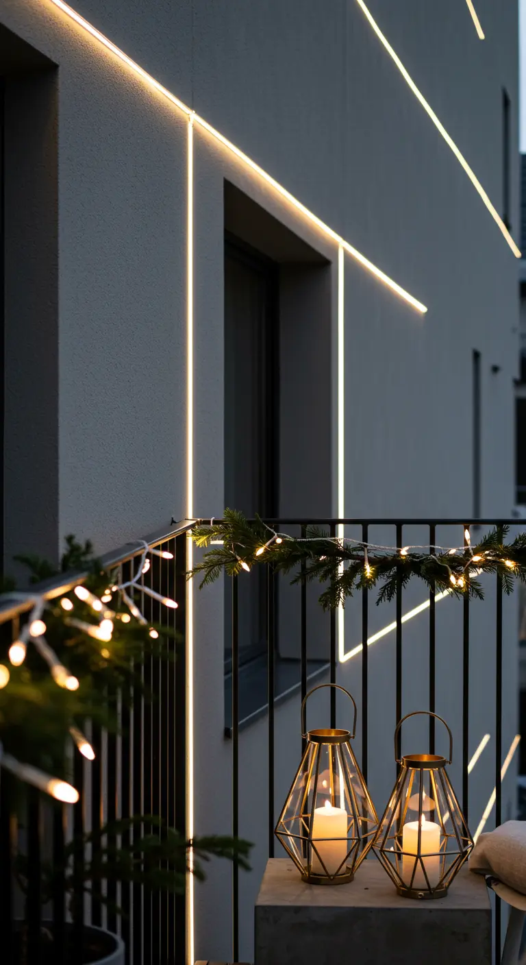 Balcon urbain avec éclairage LED linéaire sur la façade, guirlandes et lanternes géométriques.