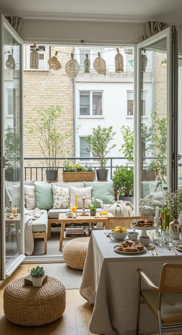 Un balcon aménagé avec des lampions suspendus, des plantes et un salon de jardin en bois.