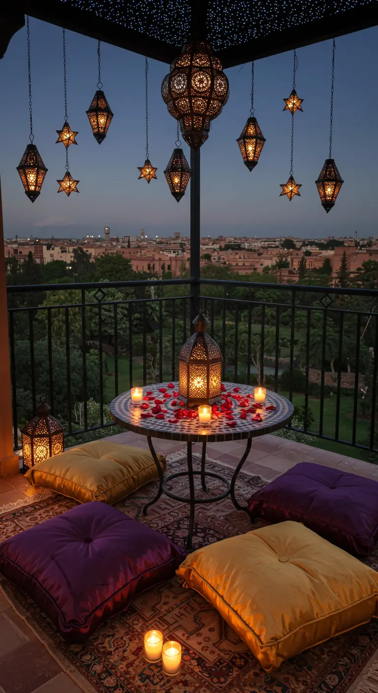 Balcon marocain romantique au coucher du soleil avec lanternes, table en mosaïque, pétales et coussins.