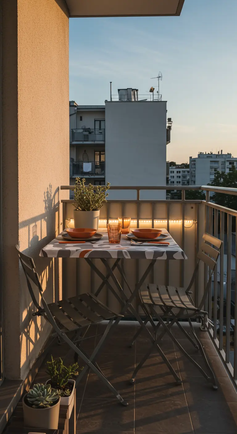 Petit balcon urbain avec table pliante, lumières LED sur le garde-corps et plantes en pot.