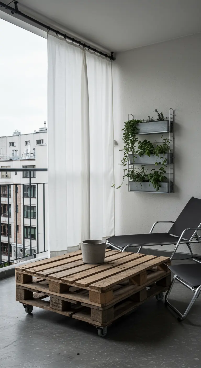 Balcon minimaliste avec table basse en palettes brutes sur roulettes et jardinière murale.