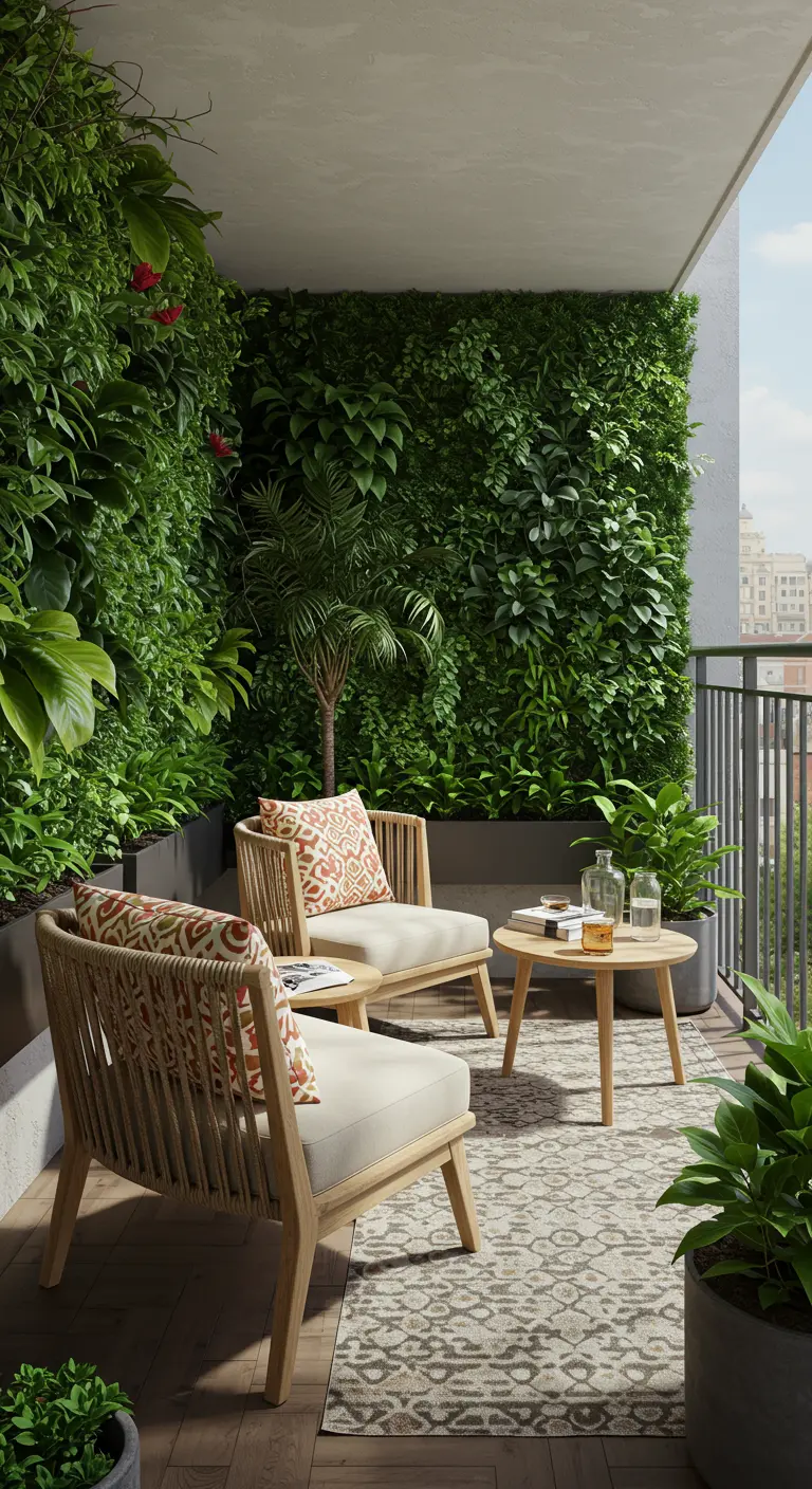 Balcon avec un mur végétal luxuriant, deux fauteuils en bois clair et corde tressée avec coussins ethniques, une table basse et un tapis.