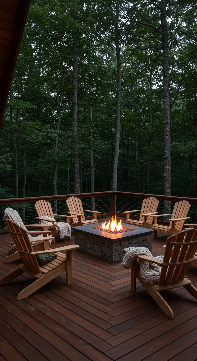 Terrasse en bois en forêt avec foyer intégré, fauteuils Adirondack en bois et plaids