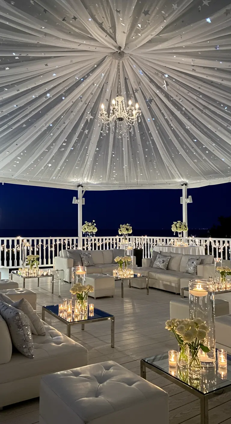Lounge extérieur blanc sous un baldaquin étoilé, avec canapés, tables miroir et fleurs blanches.