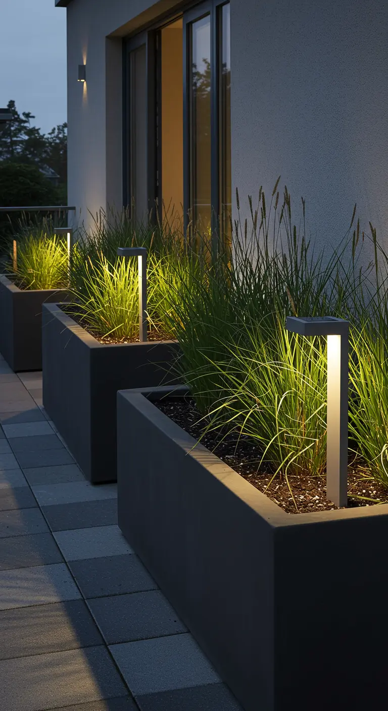 Jardinières rectangulaires modernes avec des graminées, éclairées par des lampes solaires.