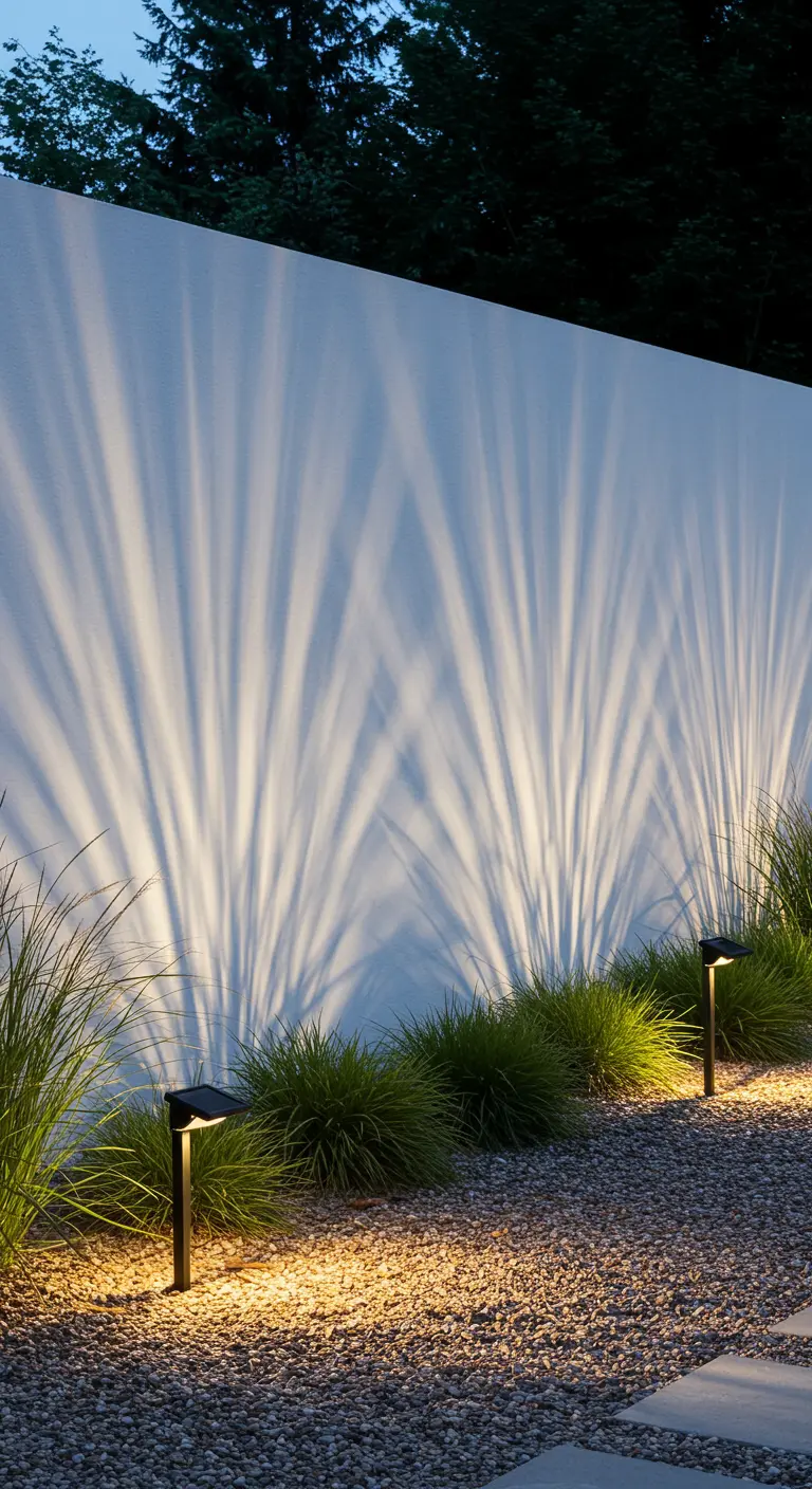 Spots solaires projetant les ombres de graminées sur un mur blanc.