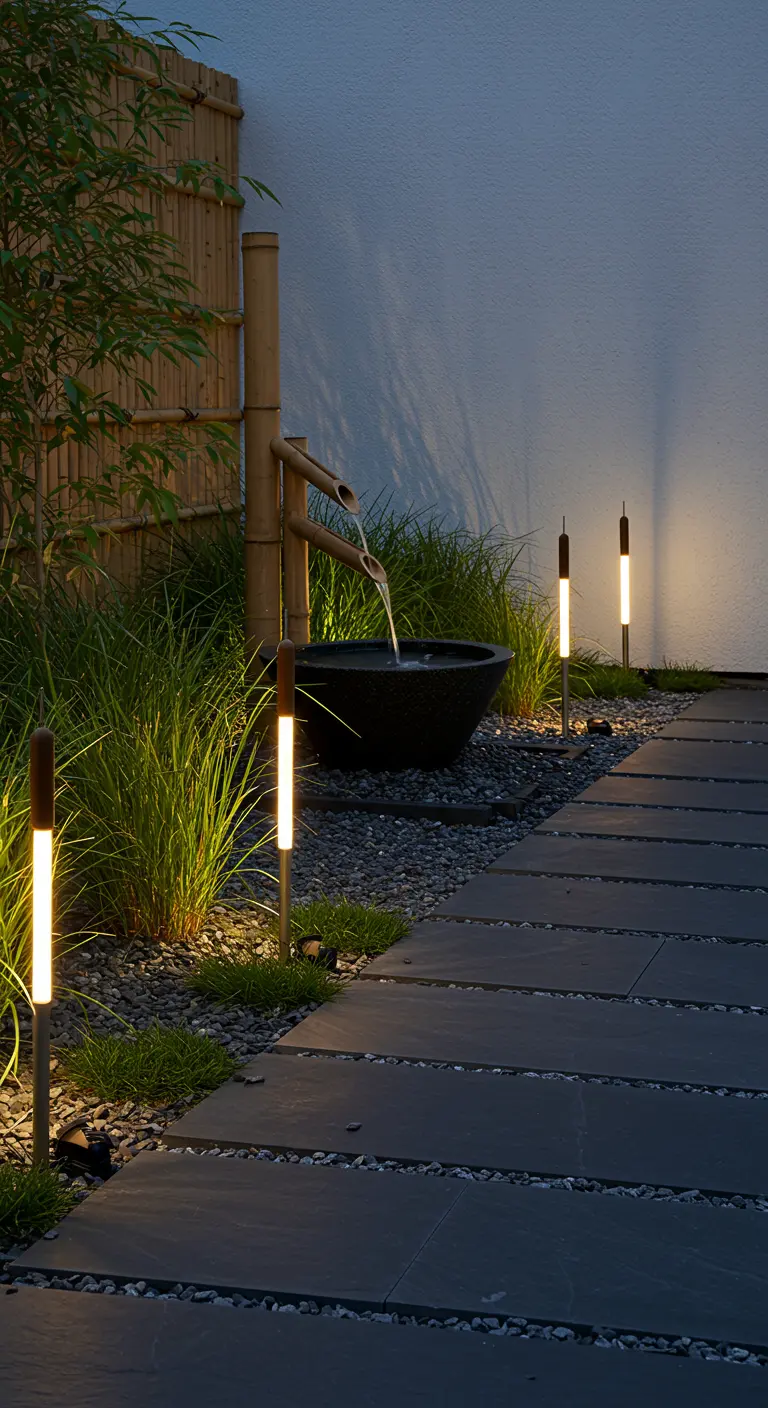 Coin de jardin avec une fontaine en bambou et des potelets lumineux verticaux.