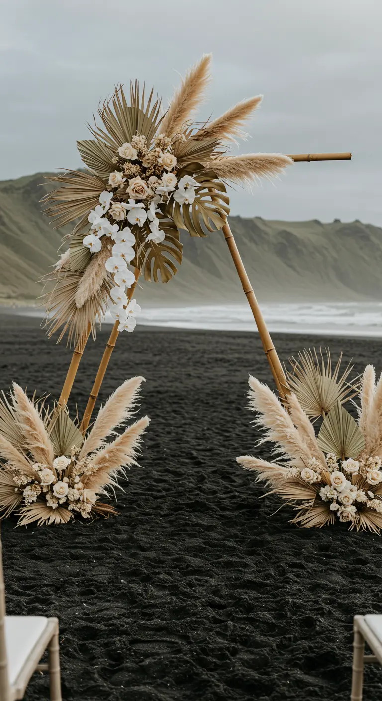 Arche triangulaire en bambou avec fleurs blanches et palmes sur une plage de sable noir.