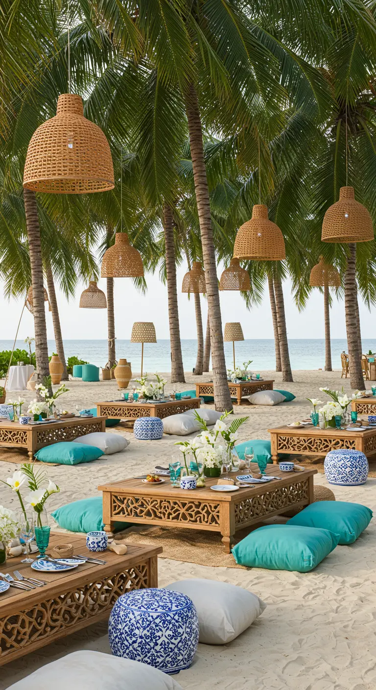Scène de dîner bohème sur une plage, avec tables basses en bois, coussins, et suspensions en rotin sous les palmiers.