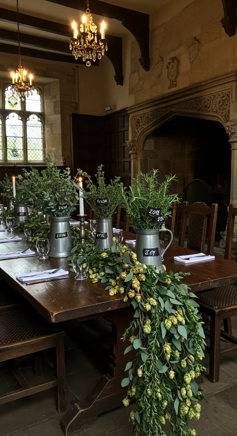 Chemin de table végétal avec des herbes aromatiques dans des pichets en étain.