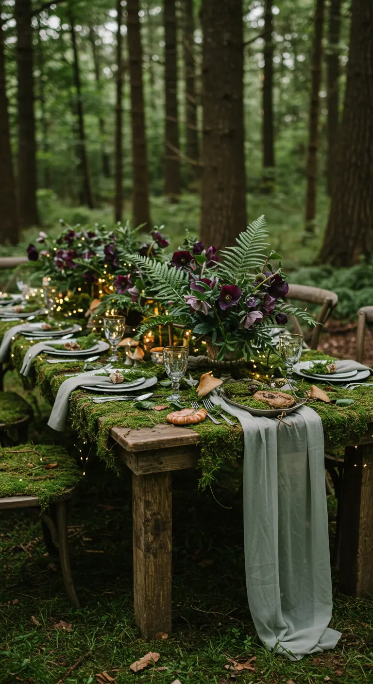 Table dans la forêt recouverte de mousse, fougères et lumières.