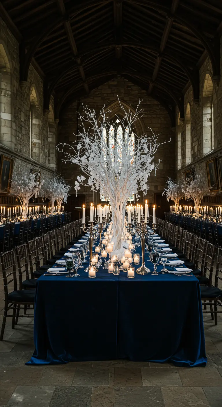 Longue table de mariage bleu nuit dans une salle voûtée avec un immense arbre blanc central.