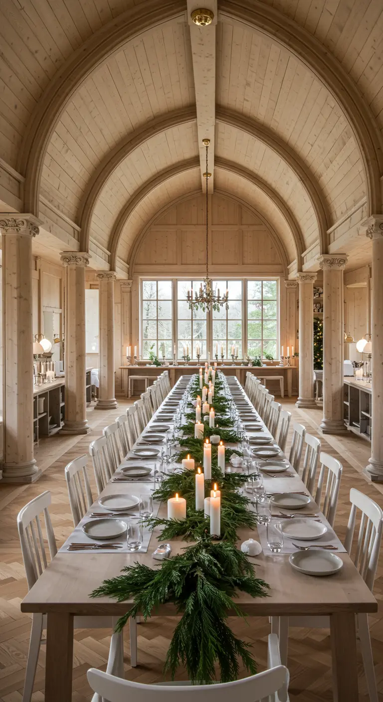 Très longue table de banquet dans une salle voûtée en bois, décorée de sapin.