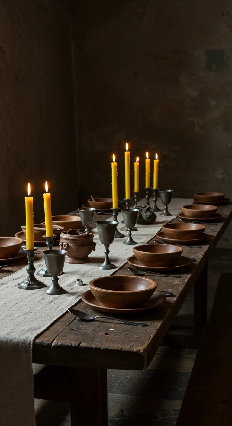 Longue table en bois sombre éclairée par de nombreuses bougies jaunes dans des chandeliers en étain.