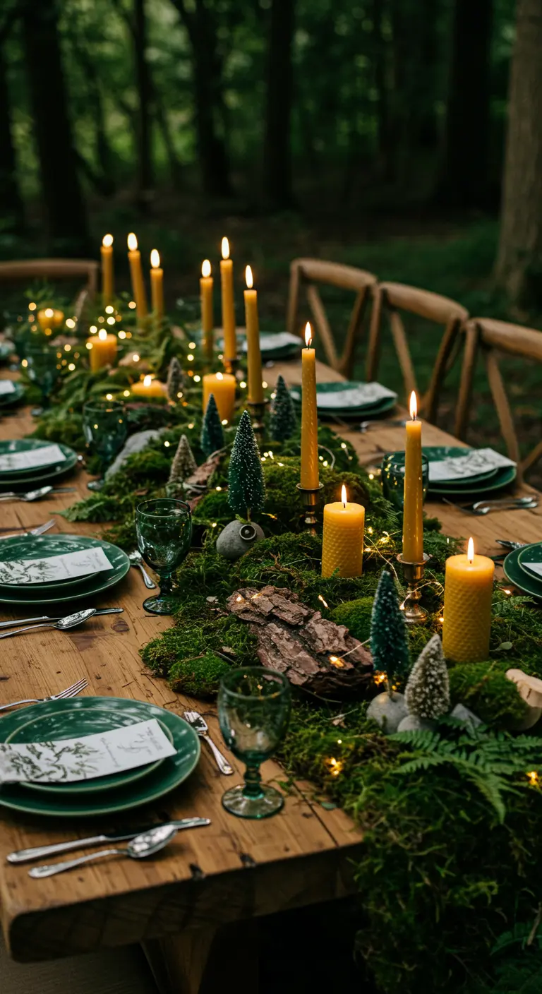 Table en bois décorée avec de la mousse, de l'écorce et des bougies en cire d'abeille.