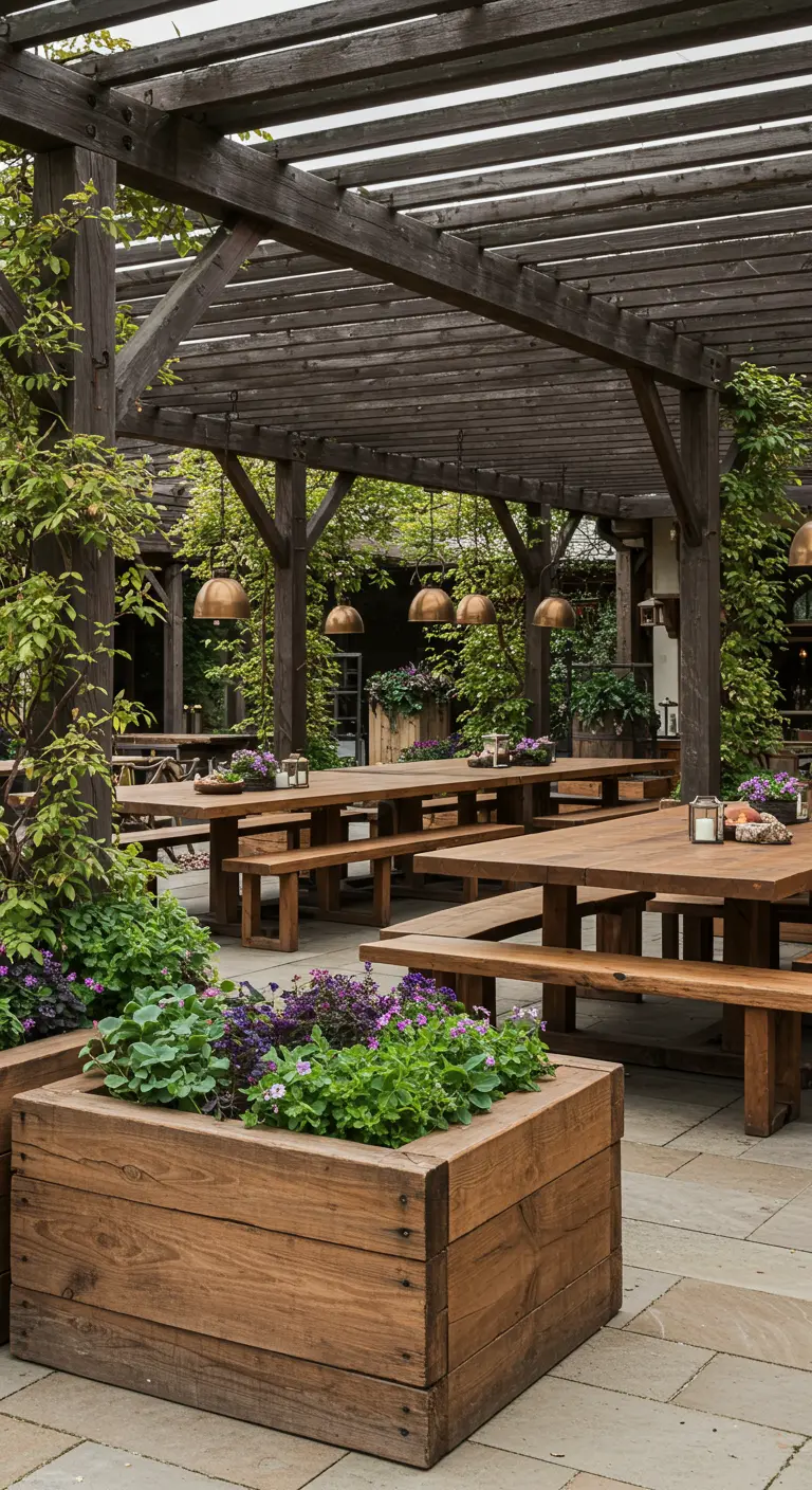 Grand espace repas extérieur sous pergola en bois avec longues tables, bancs et jardinières carrées fleuries.