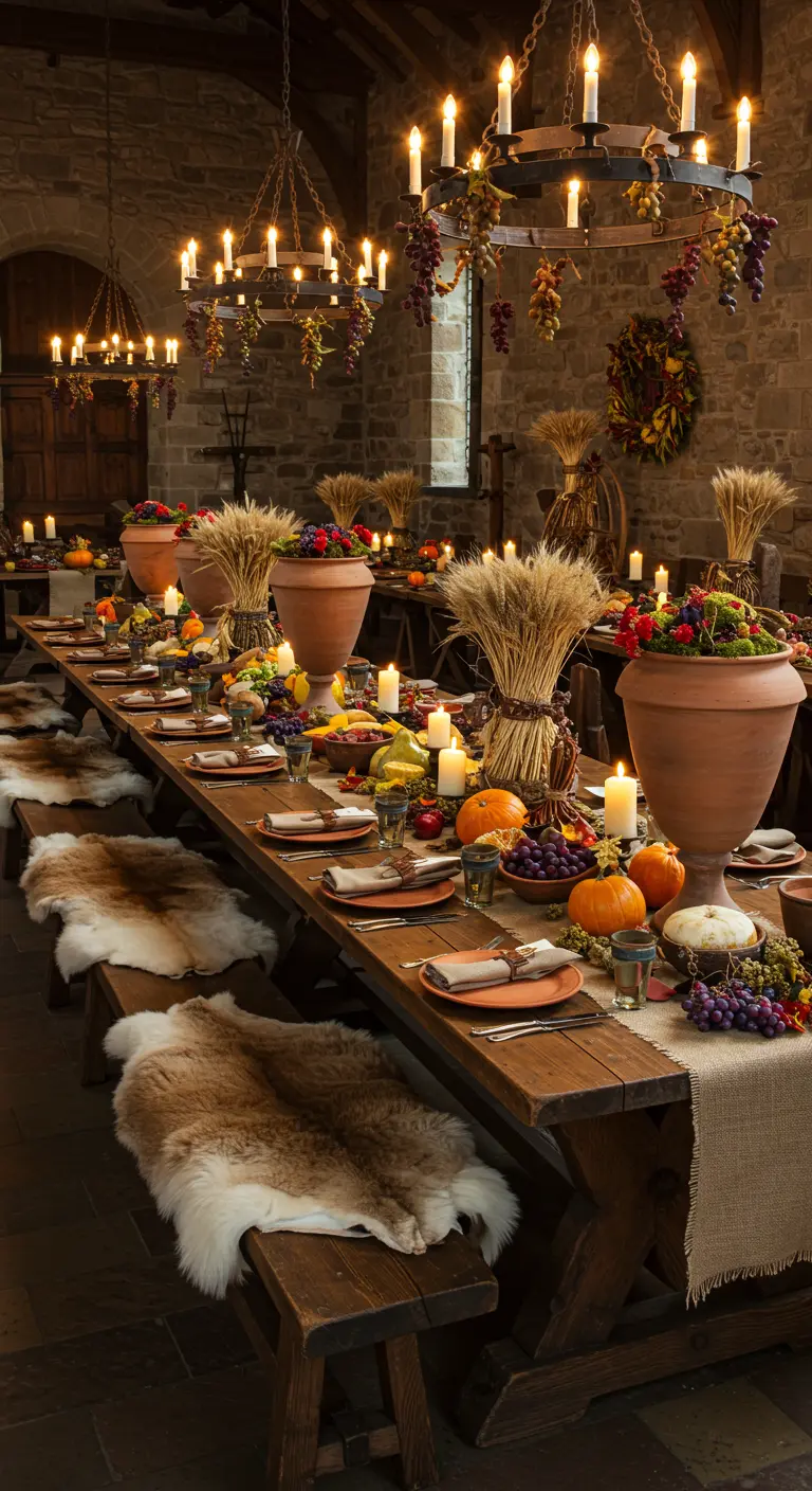 Grande table de banquet médiévale avec gerbes de blé, fruits, bougies et peaux de mouton sur les bancs.