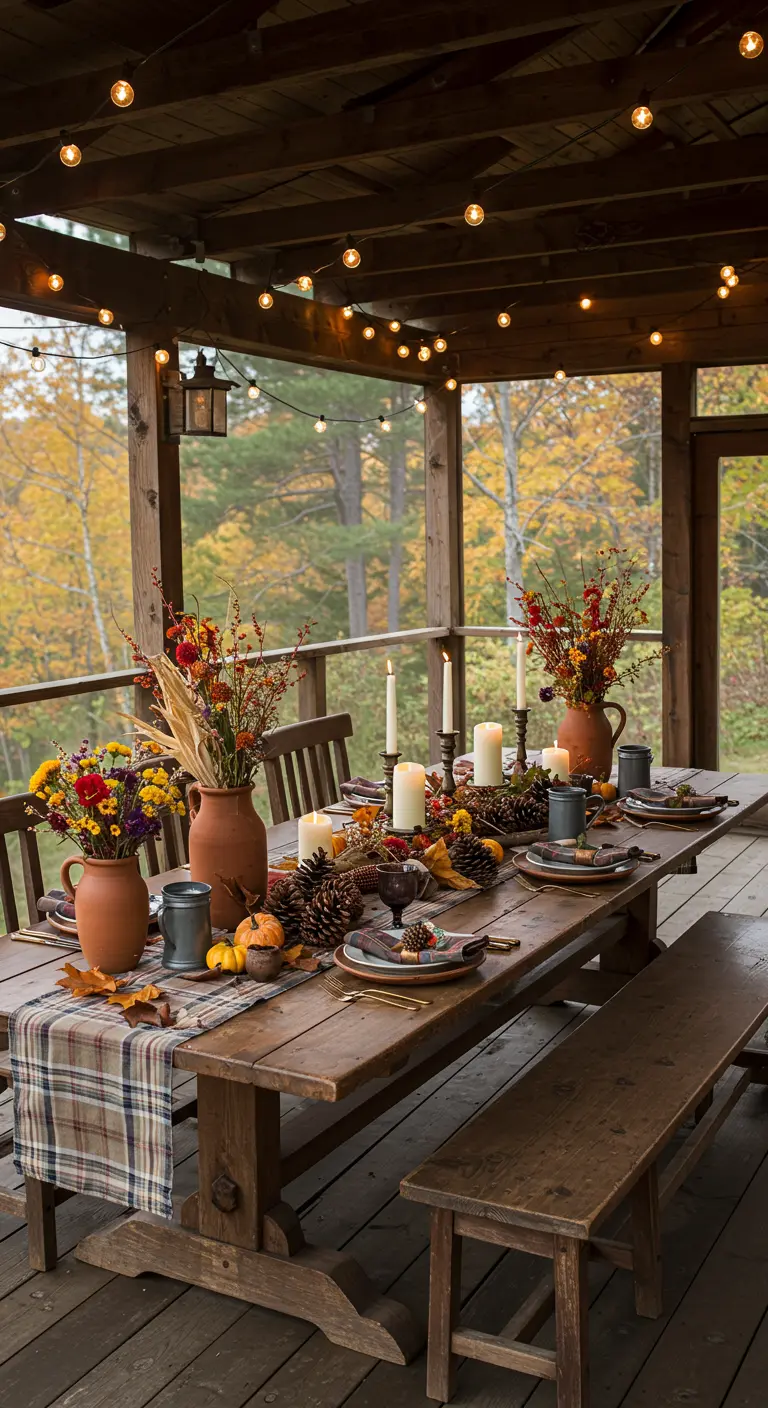Longue table en bois sur une terrasse couverte, décorée de compositions florales, pommes de pin et bougies, sous des guirlandes lumineuses.